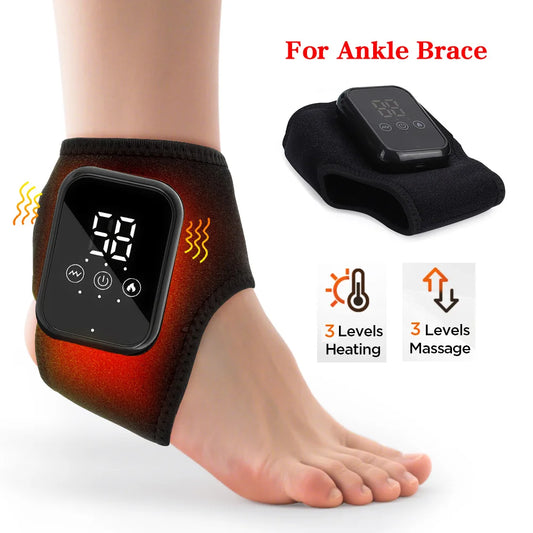 Ankle brace with digital controller displaying heating and massage functions on a white background.